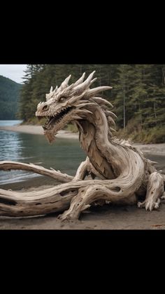 a driftwood dragon sculpture sitting on the shore of a lake with trees in the background