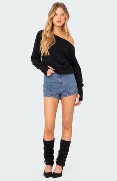 Slouchy meets sultry in a roomy sweater designed to show off a shoulder. Off-the-shoulder neck Long sleeves 100% acrylic Hand wash, dry flat Imported Visionary Fashion, Off The Shoulder Sweater, Black Off Shoulder, Sweater Oversized, Sweater Oversize, Off Shoulder Sweater, Detailed Sweater, Brown Sweater, Sweater Design