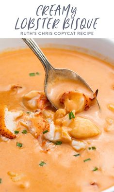 a spoon full of lobster bisque with text overlay that reads the best lobster bisque