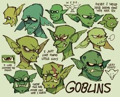 some green and black cartoon characters with different expressions on their faces, including the words gobins