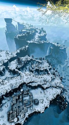 an aerial view of a floating island in the ocean, with snow on the ground