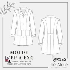 MODELAGEM JALECO FEMININO    MOLDE EM ARQUIVO .PDF    Molde de jaleco feminino com botões, gola tradicional, com cinto e abertura nas costas, manga com punho e carcela  *Grade PP P M G GG EGG EXG  *Pronto para imprimir em A4 (você imprime e depois é só juntar as partes para formar o molde)  *Acompanha tabela de medidas, tecidos sugeridos e metragens necessárias, breve passo a passo de costura ilustrado e instruções de impressão  *Já possui margens de costura  *Pode ser impresso em impressora com Scrubs, Patchwork