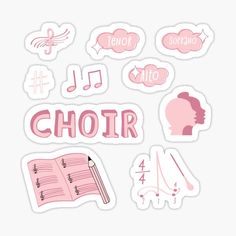 pink stickers with the words choir written in different languages and symbols, including an open book