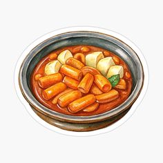 a bowl filled with lots of hot dogs covered in tomato sauce sticker on top of a white surface