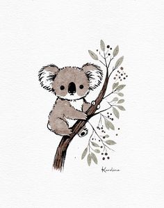 a drawing of a koala on a tree branch