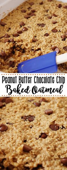 a pan filled with peanut butter chocolate chip baked oatmeal next to a blue spatula