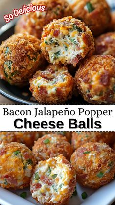 bacon jalapeno popper cheese balls on a plate with the title above it