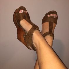 These Heels Are Like No Other! They Are Roughly 2" At The Front Of The Foot And About 5" For The Heel. They Are Suede Material (The Brown Part). They Have A Wood Looking Platform With Super Cute Detailed Buttons. Only Worn A Couple Times, Like Brand New! Casual Ankle-high Heels With Wooden Heel, Brown Ankle-high Heels With Heel Loop, Brown Ankle-high Sandals With Stacked Heel, Brown High Heel Shoes With Cushioned Footbed, Brown Suede Wedge Sandals With Ankle Strap, Casual Brown Sandals With 4-inch Heel, Brown Ankle-high Sandals Medium Width, Penny Lane, Suede Material