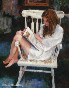 a painting of a woman sitting in a chair reading a book