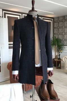 Joyce Black Striped Stand Collar Single Breasted Slim Fit Wool Jacket😀 Formal Suits Men, Mens Wool Coats, Clean Clothes, Cyberpunk Clothes, Business Jacket, Classy Suits, Mens Blazer, Dressing Sense, Stylish Man