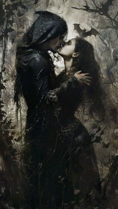 a painting of two people kissing in the woods