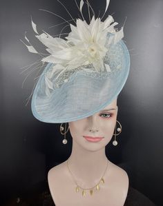 Powder Blue W Ivory Sinamay Disc Fascinator Hat With Jumbo Goose Feather Flower and Silk Flower - Etsy Elegant Flower Fascinator For Royal Ascot, Elegant Flower Shape Fascinator For Races, Elegant Flower Mini Hat For Royal Ascot, Elegant Flower-shaped Adjustable Costume Hat, Elegant Flower Mini Hat For Kentucky Derby, Elegant Mini Flower Hat For Kentucky Derby, Elegant Mini Flower Hats For Kentucky Derby, Elegant Floral Mini Hat For Royal Ascot, Elegant Adjustable Flower Costume Hat