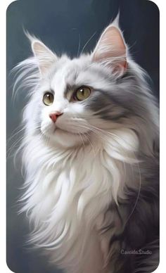 a painting of a white cat with green eyes and long hair, looking at the camera