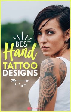 a woman with tattoos on her arm and chest, in front of the words best hand tattoo designs