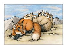 a fox and her cubs are sleeping on the ground