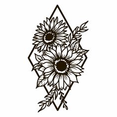 a black and white drawing of sunflowers on a diamond shaped design with leaves