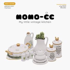 an advertisement for momo - c's vintage kitchen, featuring white dishes and green plants