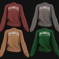 four different colored sweaters with the word los angeles on them in white, red, and green