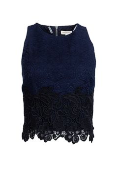 Current Boutique-Rebecca Taylor - Navy & Black Cotton Top Sz 8 Lace Hem, Rebecca Taylor, Lace Panelled, Cotton Top, Embroidered Lace, Active Wear Tops, Dressed Down, Cotton Tops, Black Cotton