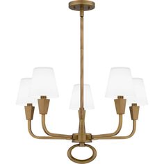 a brass chandelier with five white glass shades on the top and bottom lights