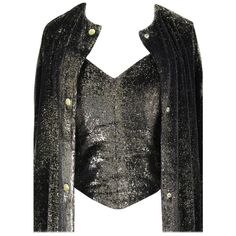 Custom-Made Metallic Gold and Black Lurex Velvet Bustier Coat Evening Ensemble | From a collection of rare vintage suits, outfits and ensembles at https://www.1stdibs.com/fashion/clothing/suits-outfits-ensembles/ Dolce And Gabbana Runway, Velvet Bustier, Evening Coat, Black Cotton Fabric, Vintage Suits, Designer Shirts, Black Trousers, Bustier Top, Bustiers