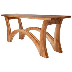 a wooden bench made out of wood with curved legs and curves on the top, against a white background