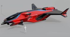 a red, black and blue futuristic flying vehicle