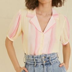 New: Never Worn. A Semi-Sheer Chiffon Shirt Featuring A Striped Pattern, Notched Collar, V-Neckline, Button-Down Front That Ends In A Vented Hem, Short Sleeves, And A Boxy Fit. - 100% Rayon - Model Is 5'8" And Wearing A Small Send Me An Offer No Trades Retro Summer Blouse For Day Out, Yellow Collared Summer Tops, Yellow Collared Top For Summer, Trendy Yellow Collared Tops, Yellow V-neck Summer Shirt, Trendy Yellow Short Sleeve Blouse, Forever 21 Collared Summer Tops, Forever 21 Collared Tops For Summer, Forever 21 Shirt For Spring Day Out