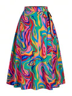 Women's Plus Size Fashionable Colorful Fluid Printed Skirt Maxi Women Outfit Multicolor Casual   Woven Fabric All Over Print,Textured Pattern Flared Non-Stretch  Women Plus Clothing, size features are:Bust: ,Length: ,Sleeve Length: Casual Multicolor Skirt With Vibrant Print, Multicolor A-line Summer Skirt, Vibrant Multicolor Long Skirt, Spring Multicolor Voluminous Skirt, Retro Multicolor Relaxed Skirt, Fabric Skirt, Printed Skirt, Printed Maxi Skirts, Mid Length Skirts