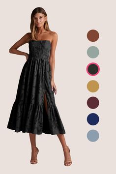 Our bridesmaids dress, Delphina, is cut from our floral burnout fabric. She features a strapless silhouette paired with a self-tie lace-up back and a pleated A-line skirt. Atelier Dress, Black Bridesmaid Dress, Midi Bridesmaid Dress, Black Bridesmaid, Burnout Fabric, Black Bridesmaids, Black Bridesmaid Dresses, Bridesmaids Dress, A Line Skirt