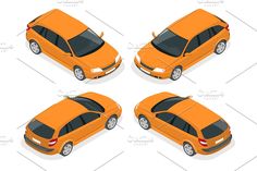 an orange car in four different positions on a white background, top view and bottom view