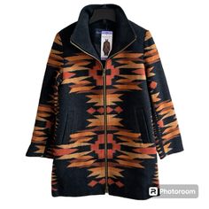 Pendleton Women Wool Blend Walker Coat Desert Mesa Iconic Pendleton Design Knit Wool Blend Pendleton Branded Two Way Zipper Hidden Interior Pocket Heavyweight Shell: 58% Wool | 32% Polyester | 10% Rayon Lining: 100% Polyester Size Conversion: Xs = 2 | S = 4 - 6 | M = 8 - 10 | L = 12 - 14 | Xl = 16 Pendleton Jacket, Blanket Coat, Long Coat Jacket, Sweater Trends, Wool Peacoat, Cool Jackets, Knitting Women, Women's Coats & Jackets, Jacket Style