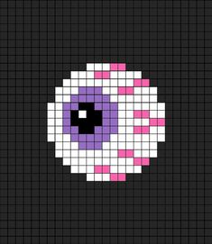 an image of a pixellated eyeball with pink and purple squares on black background