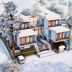 an artist's rendering of a modern house in the snow with stairs leading up to it