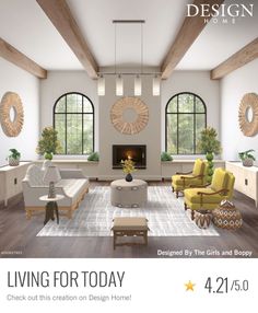 the living room is decorated in white and has large windows, wood beams, and modern furniture