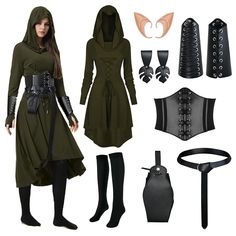 PRICES MAY VARY. Medieval Retro Costume Set: you will receive 1 black hooded robe costume, 1 black tight corset , 1 pair of elf ears, 1 pair of leather gauntlet wristbands, 1 PU leather belt, 1 drawstring pouch , 1 pair Skirt Clip ,and 1 pair of stockings, enough for your dress and cosplay party needs. Retro Style: showcasing the charm of the middle ages, the medieval cloak whose main material is polyester and spandex, features a high low hem, draped collar, lace up front and back, an oversized Medieval Elf, Cloak Dress, Medieval Cloak, Leather Gauntlet, Elf Dress, Strega Fashion, Elf Cosplay, Easy Cosplay, Outfit References