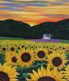 a painting of sunflowers and a house in the distance