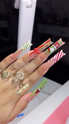 Follow nailsbyyprincess for more 🧚‍♀️🧚‍♀️ Christmas Nail Designs Black Women, Exotic Christmas Nails, Christmas Nails Hello Kitty, Long Christmas Acrylic Nails, Christmas Long Nails, Red Hello Kitty Nails, Christmas Nail Sets, Baddie Christmas Nails, Hello Kitty Christmas Nails