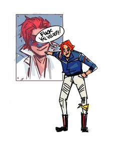 a drawing of a man with red hair and boots holding a comic strip above his head