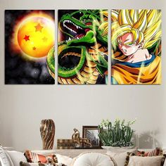 three dragon ball paintings on the wall in a living room with couches and coffee table