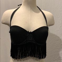 36c Black Fringe Bra. Brought Is Black And White Polkadot With Black Fringe Long The Bottom And A Black And White Ribbon Strap. Elegant Under A Blazer Or A Jacket Or Fun For Halloween Black Rhinestone Fringe Jewelry For Party, Fringe Bra, Black Rhinestone Bra, Black Bedazzled Bra, Burlesque Fringe, Rhinestone Bra, Purple Bras, Versace Pink, Red Bra