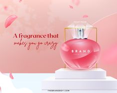 a pink perfume bottle sitting on top of a white pedestal with the words, afragance that makes you go crazy