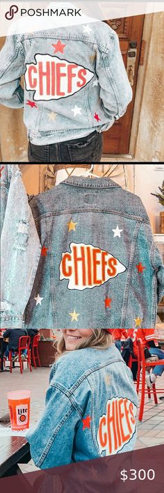 Custom painted Kansas City Chiefs Denim Jacket Chiefs Denim Jacket, Chiefs Jean Jacket, 2024 Hobbies, Jean Jacket Diy, Jacket Diy, Diy Denim Jacket, College Gameday