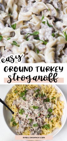 an easy ground turkey stroganone recipe in a white bowl