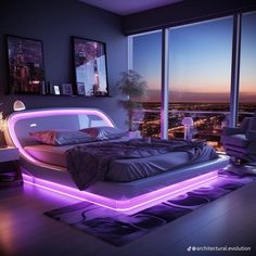 a modern bedroom with purple lighting in the corner and large windows overlooking cityscape