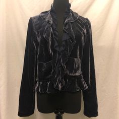 Nwt Inc Blue Crushed Velvet Cropped Ruffle Jacket Nwt Size: M Color: Navy Blue Open Front Waterfall Ruffle Detail Super Soft 2 Clasp Front Closure - See Photo Clasp Closure At Waist - Figure Flattering 2 Front Pockets Approx Measurements: Chest: 18.5” Waist: 17.5” Shoulder To Hem: 21” #E Blue Long Sleeve Outerwear With Ruffles, Fall Blue Ruffled Outerwear, Ruffle Jacket, Blue Crush, Crushed Velvet, Inc International Concepts, Jackets For Women, Jackets & Coats, Navy Blue