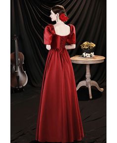 Buy retro burgundy square neckline evening party dress with bubble sleeves at wholesale price online. Free shipping and pro custom service since 2009. Fitted Red Evening Dress For Costume Party, Red Fitted Evening Dress For Costume Party, Formal Full-length Dress With Corset Back, Elegant Summer Evening Dress For Costume Party, Fitted Evening Dress For Costume Party, Dresses With Fitted Bodice For Costume Parties, Fitted Bodice Dress For Costume Party, Elegant Holiday Costume Party Dress, Elegant Full-length Dress For Costume Party