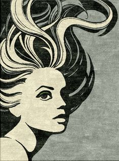 a black and white drawing of a woman's head with wavy hair on it