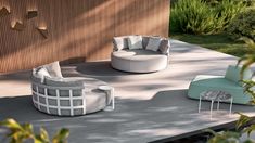 modern outdoor furniture is displayed on the patio