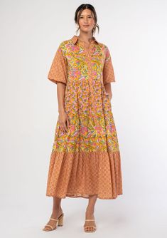 Women's Dress - Floral Puff Sleeve Maxi | LOVESTITCH Bohemian Orange Midi Dress For Garden Party, Orange Short Sleeve Maxi Dress For Garden Party, Summer Cotton Maxi Dress With Vibrant Print, Summer Orange Midi Dress With Short Sleeves, Summer Orange Short Sleeve Midi Dress, Orange Short Sleeve Midi Summer Dress, Orange Short Sleeve Summer Midi Dress, Orange Short Sleeve Midi Dress For Summer, Summer Cotton Midi Dress With Vibrant Print